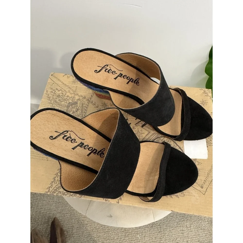 Free‎ People Women's Glorieta Black Suede Espadrille Rainbow Wedge Sz 38 NIB